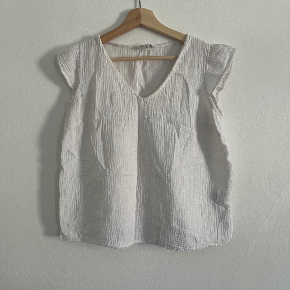 Title Nine Women's White Puff Sleeve V-Neck 100% Cotton Shirt S Lagenlook Flowy